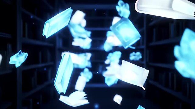 Books and Crystals Floating in Blue Library with Dark Shelves Background