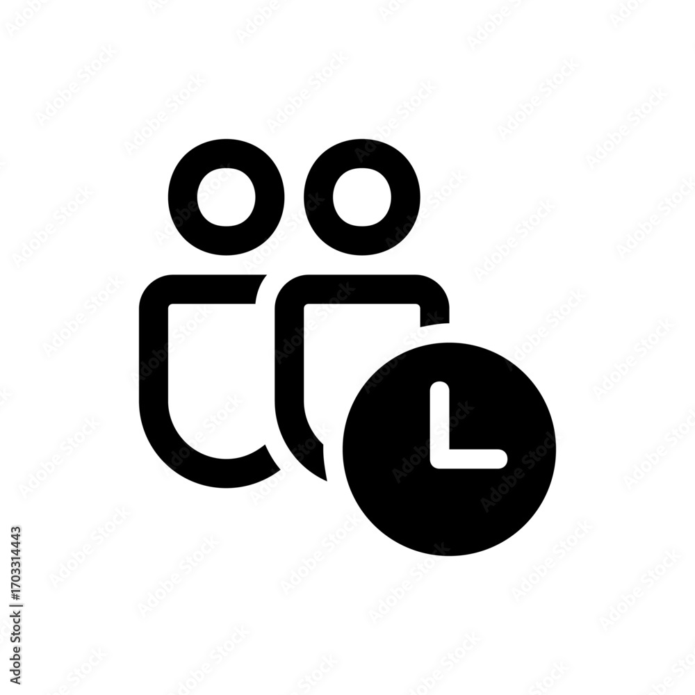 Poster black icon depicting two stylized figures with circular heads and a clock indicating time management