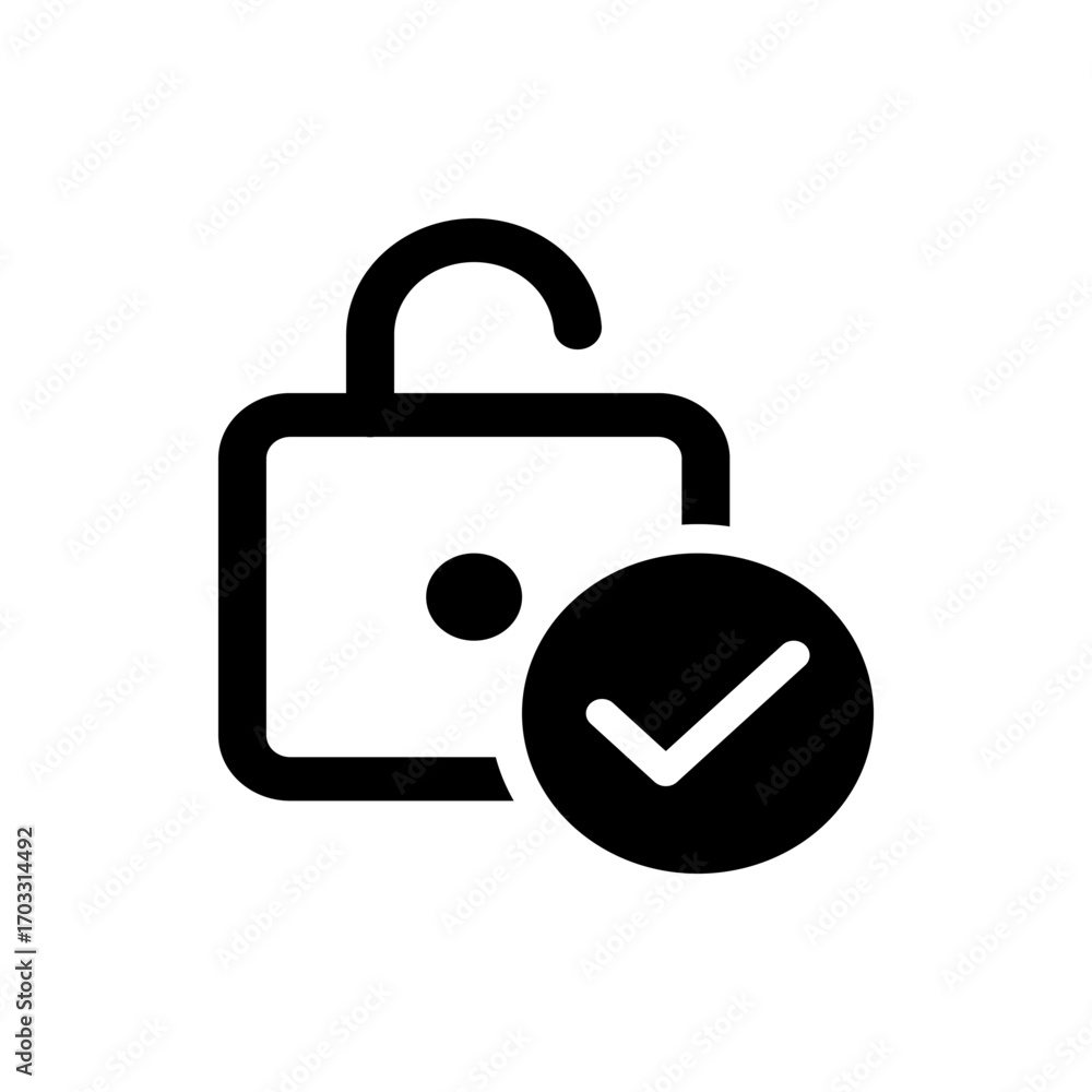Poster Unlocked padlock icon with a checkmark inside a circle indicating security and permission is granted here
