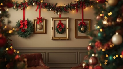 Cozy Christmas living room adorned with festive decorations, including wreaths and lights