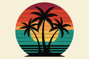 Obraz premium Three black palm trees stand against a vibrant sunset colored backdrop in retro style