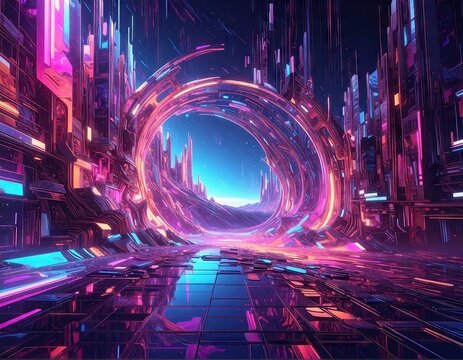 Futuristic Holographic Glitch Terrain with Glowing Panels