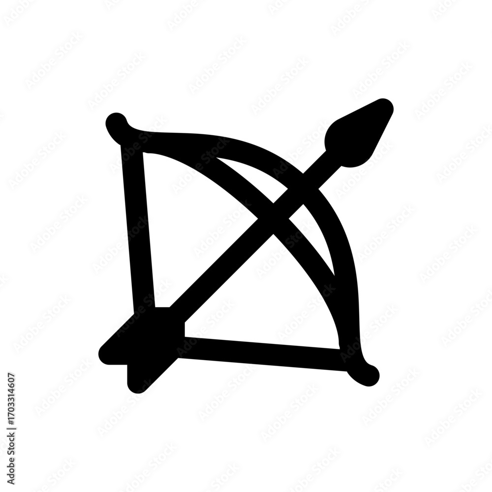 Poster illustration of a simple black bow and arrow design with the arrow crossing the bow string fully dra