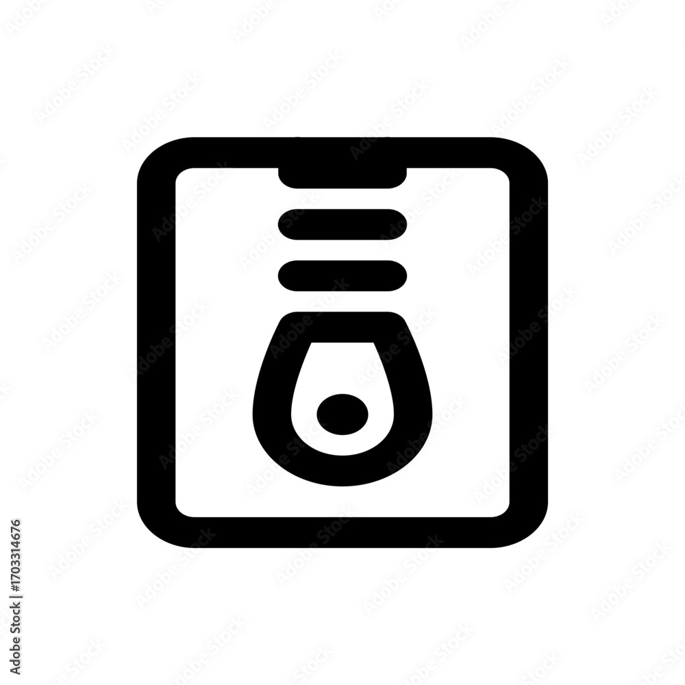 Poster illustration of a water heater with a rectangular frame and rounded corners in black and white color