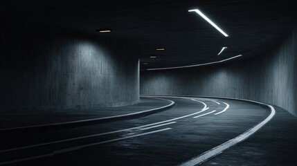 Dark Concrete Tunnel With Winding Road And White Lighting