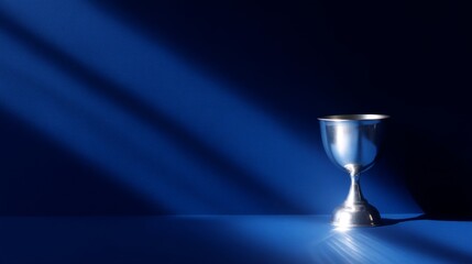 A shining silver chalice stands against a deep blue backdrop. The light creates a dramatic mood. This artistic composition is perfect for themed events and celebrations. AI