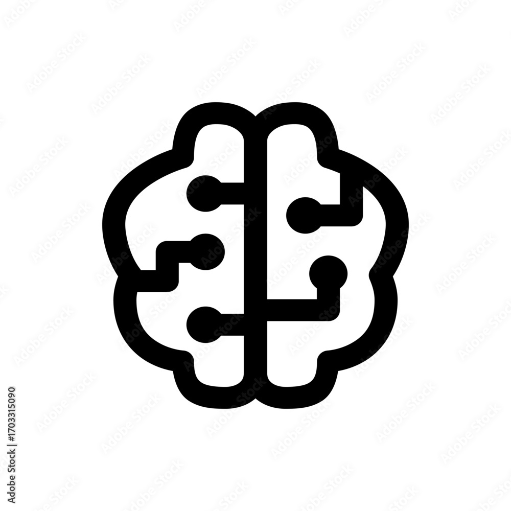 Poster stylized brain icon with circuit board elements in black and white simple design representation of a