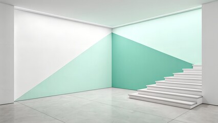 Obraz premium Minimalist Staircase with Geometric Mint Wall – Architecture, Interior, Geometry, Color Blocking, Shadows, Conceptual