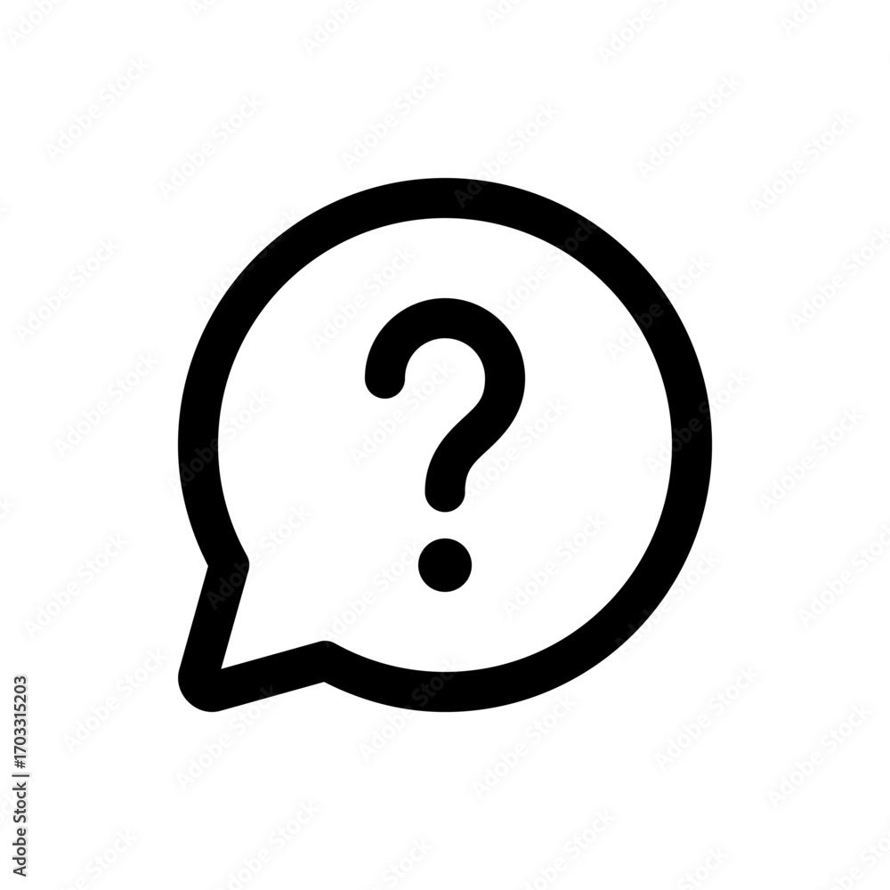 Poster a black outlined question mark inside of a speech bubble with a rounded shape on a white background 