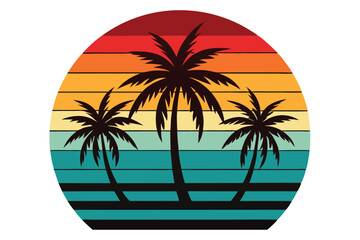 Three palm trees are silhouetted against a colorful retro sunset circle background