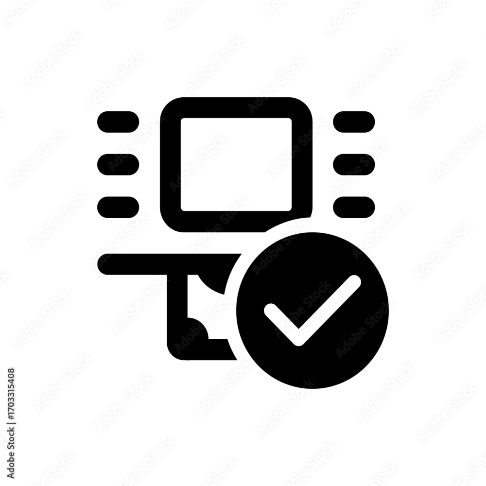 Poster black and white icon showing a computer screen with a check mark indicating a successful operation o