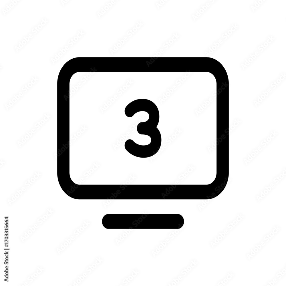 Aufkleber illustration of a black monitor with rounded edges displaying the number three and a stand below it