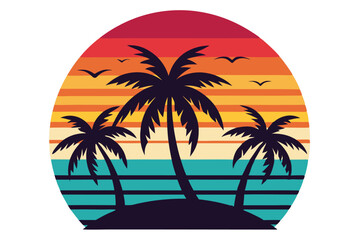 Obraz premium Retro island sunset features palm trees and flying birds within a round frame