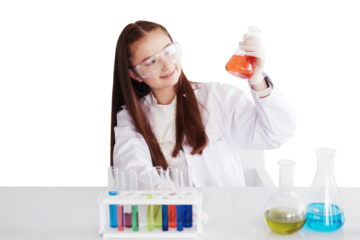 Caucasian girl learning science and test chemical for liquid in the lab classroom of school. She studying and learning experiment science in the laboratory. Education concept