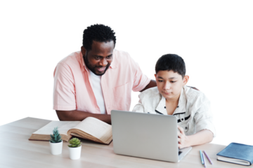 African American man is teacher or tutor teaching  with laptop for Caucasian student boy or pupils in classroom at school. Education and technology for online internet concept