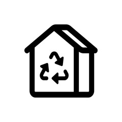 Black outline of a house shape containing a recycling symbol with three arrows in a circular motion