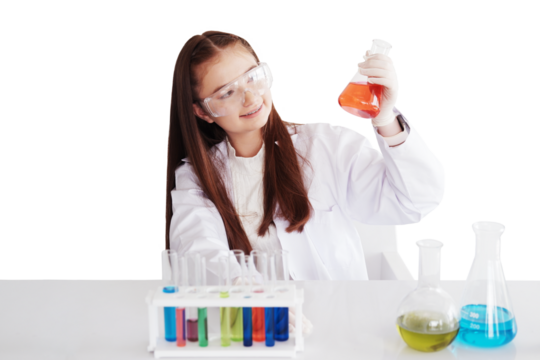 Caucasian girl learning science and test chemical for liquid in the lab classroom of school. She studying and learning experiment science in the laboratory. Education concept