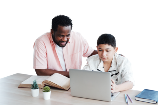 African American man is teacher or tutor teaching with laptop for Caucasian student boy or pupils in classroom at school. Education and technology for online internet concept
