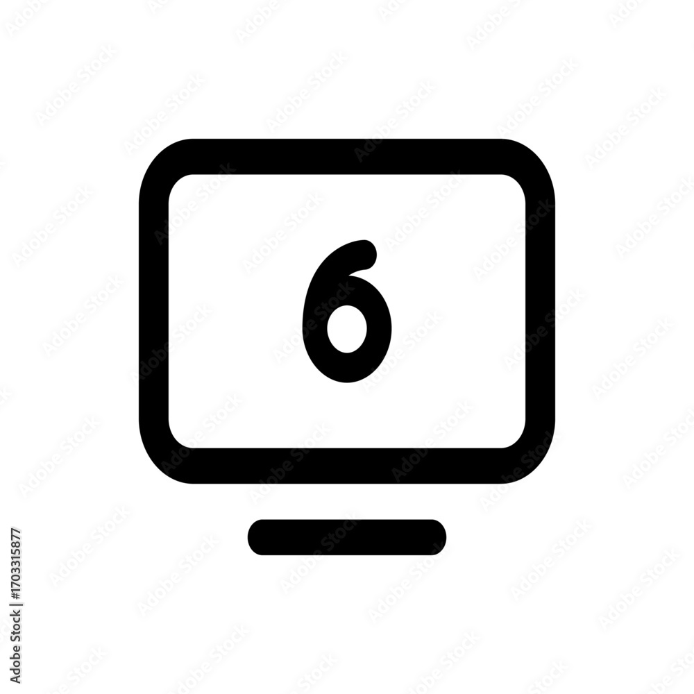 Poster illustration of a black monitor with rounded edges displaying the number six in the center of the sc