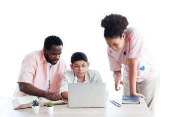African American man is teacher or tutor teaching  with laptop for Caucasian students or pupils in classroom at school. Education and technology for online internet concept