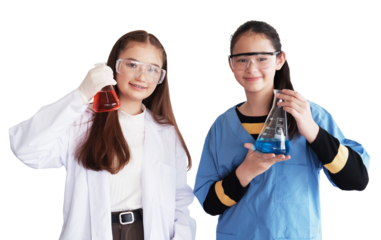 Smiling couple Caucasian girls friendship learning science and test chemical for liquid in the lab classroom of school. She studying and learning experiment science in the laboratory. Education concep