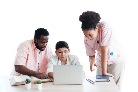 African American man is teacher or tutor teaching with laptop for Caucasian students or pupils in classroom at school. Education and technology for online internet concept