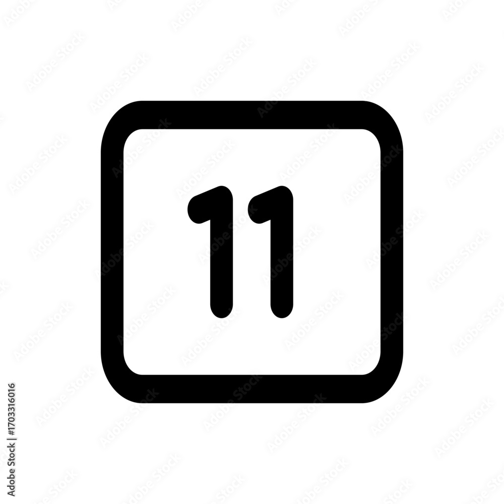 Poster illustration of a simple calendar icon with rounded corners displaying the number eleven in the cent