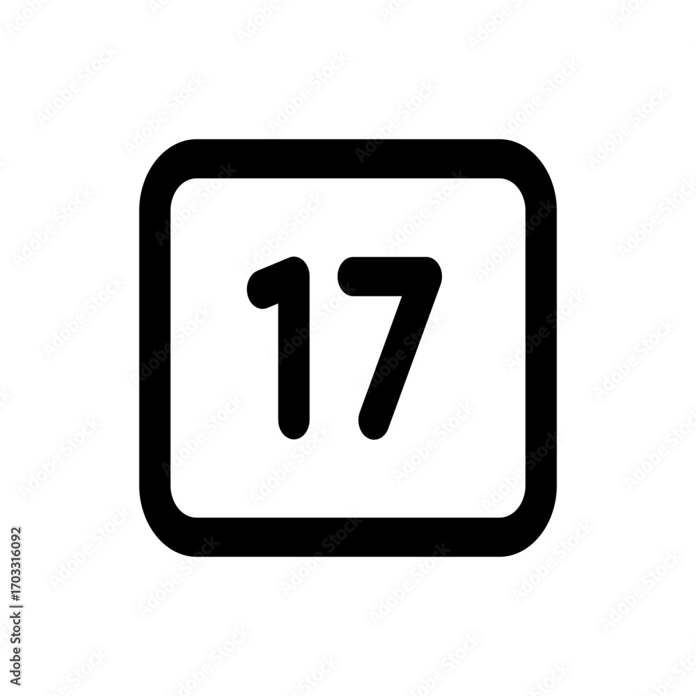 Poster illustration of a calendar icon with rounded corners displaying the number seventeen in a simple bla