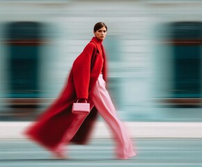 Fashionable woman in bold red coat and pink trousers walking with style, holding a chic handbag. Stylish street fashion editorial with motion blur, urban elegance, and modern sophistication.