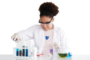 African American girl learning science and test chemical for liquid in the lab classroom of school. She studying and learning experiment science in the laboratory. Education concept