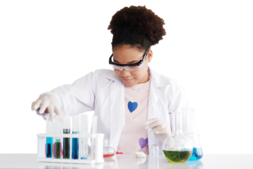 African American girl learning science and test chemical for liquid in the lab classroom of school. She studying and learning experiment science in the laboratory. Education concept