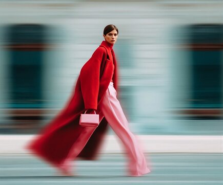 Fashionable woman in bold red coat and pink trousers walking with style, holding a chic handbag. Stylish street fashion editorial with motion blur, urban elegance, and modern sophistication.