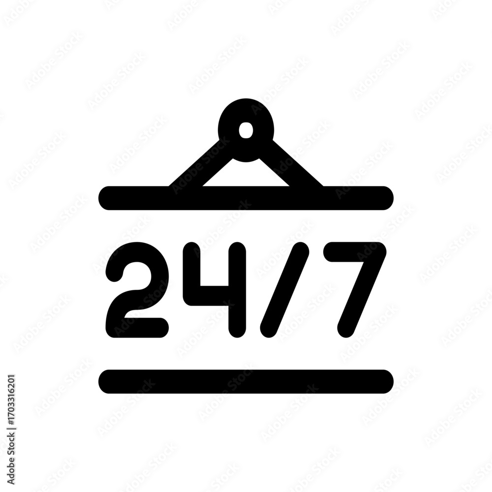 Poster illustration of a sign indicating twenty four seven availability with a hanger and a horizontal line