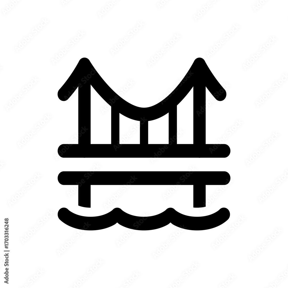 Poster simple black and white icon of a bridge with curved supports over water with wavy lines at the botto