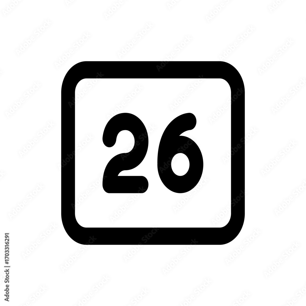 Poster black outlined rounded rectangle containing the number twenty six in a bold sans serif font in the c