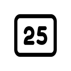 Illustration of a calendar icon with rounded corners displaying the number twenty five in bold black font