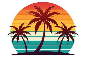 Three tropical palm trees stand silhouetted against a colorful sunset with horizontal stripes