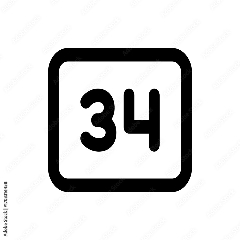 Poster illustration of a rounded rectangle containing the number thirty four in a bold sans serif typeface 