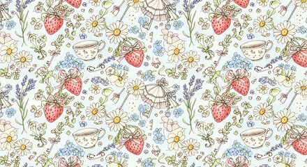 Whimsical pattern featuring strawberries, daisies, lavender and vintage teacups ideal for fabric