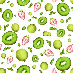 Fresh and Juicy Seamless hand drawn pattern with kiwi slices, gooseberries, strawberries and green leaves on a white background, fresh and fruity design