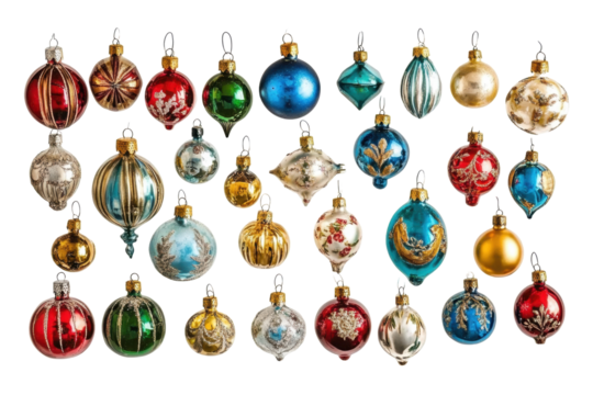 Festive Ornaments Collection: An array of colorful, intricate ornaments, each reflecting a unique design, glitters invitingly, ready to deck the halls with cheer during the holiday season.