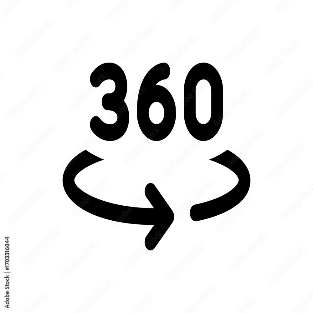 Aufkleber black and white image depicting the number three hundred sixty with a circular arrow below it in ful