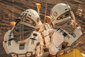 A rear view of two astronauts with visible helmets exploring the surface of an alien planet. © Tetiana Tuzyk