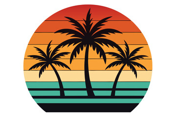 Silhouette of three palm trees set against a vibrant retro sunset background design