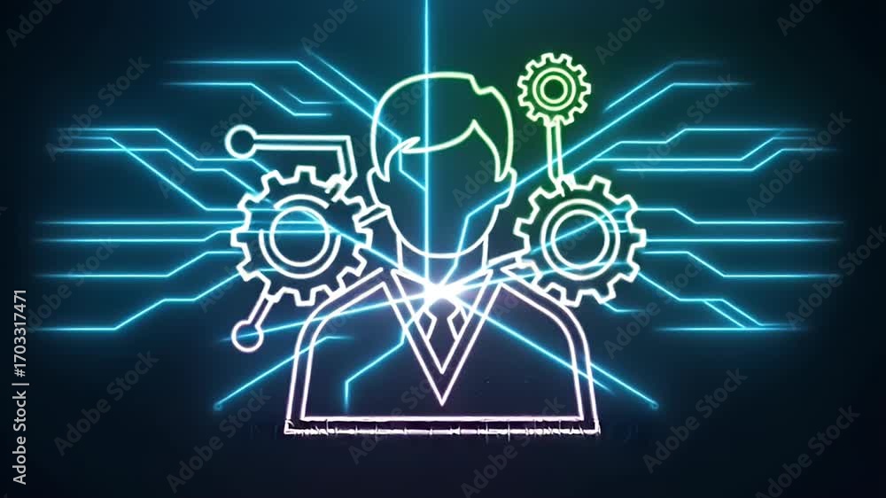 Poster digital blueprint: a dynamic illustration of a person integrated with digital circuit patterns and g