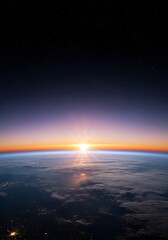 A breathtaking sunrise view from space, showcasing Earth's atmosphere and vast expanse of the universe.