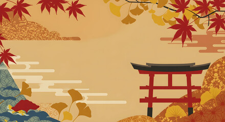 大正ロマンの秋：輪郭線なしフラットデザインの紅葉背景（ビジネス広告・バナー向け）