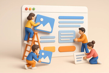 3D Illustration of Tiny Designers Building a Website with UI Components