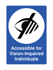 Vision Impaired Access Sign with Explanation – Eye Symbol with Diagonal Line in Blue Square