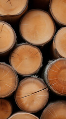 Fototapeta premium Stacked wooden logs cut in cross section. 